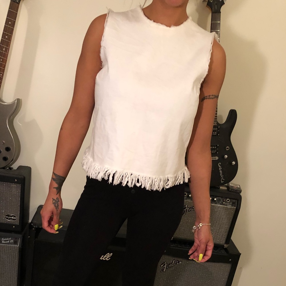 White Denim Fringe Top
